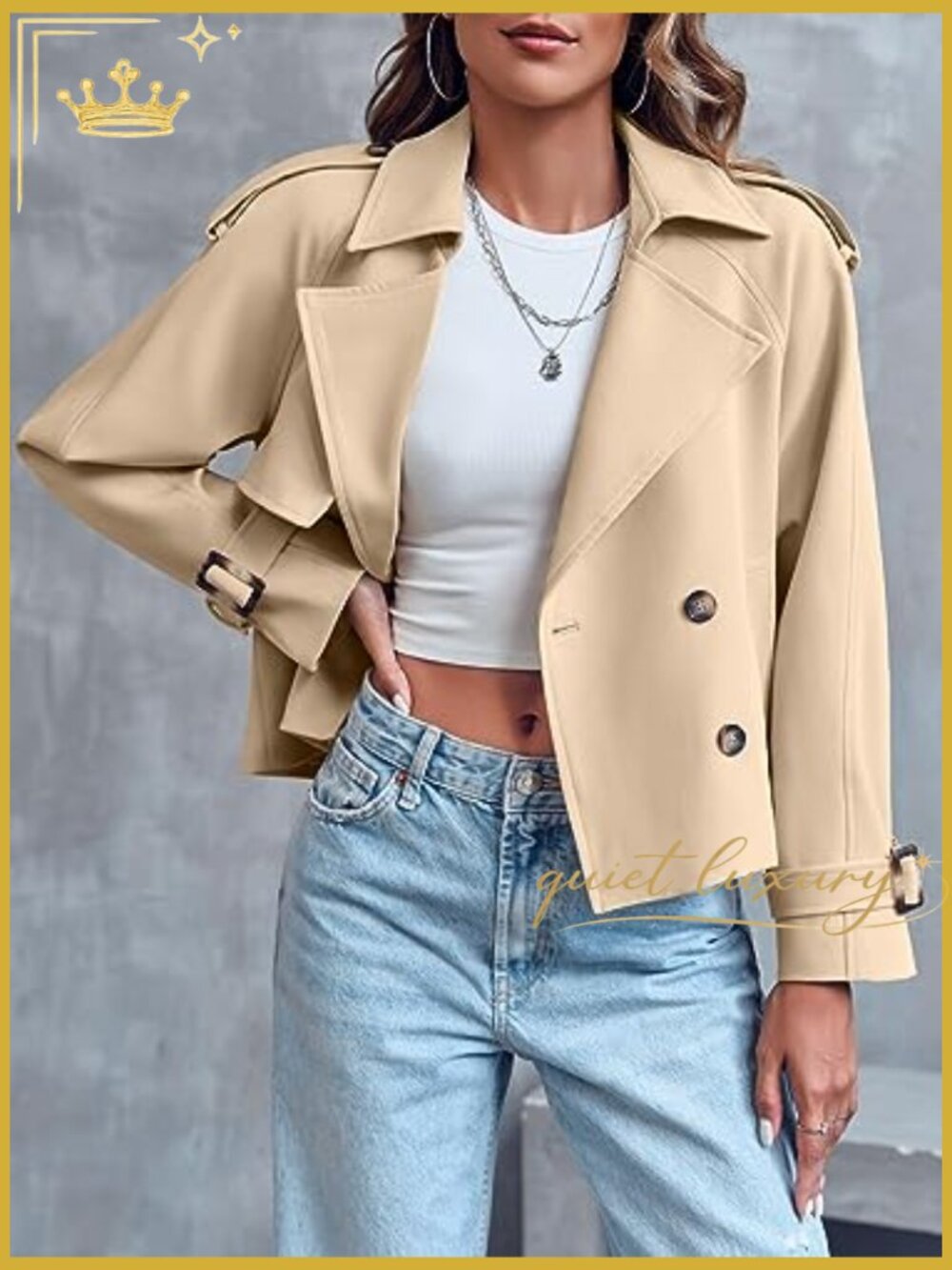 Crop Double Breasted Trench Coat with Pockets - Picture 2 of 7